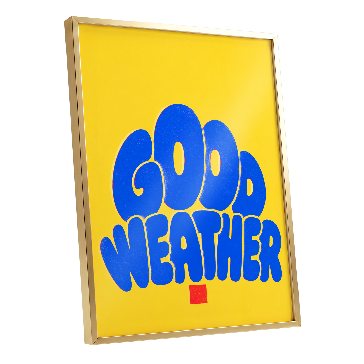 Good Weather Glow, blue, yellow, red minimalist wall art shown as a gold framed poster wall art print