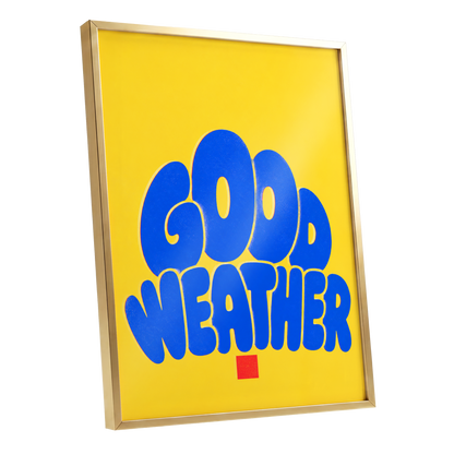 Good Weather Glow, blue, yellow, red minimalist wall art shown as a gold framed poster wall art print