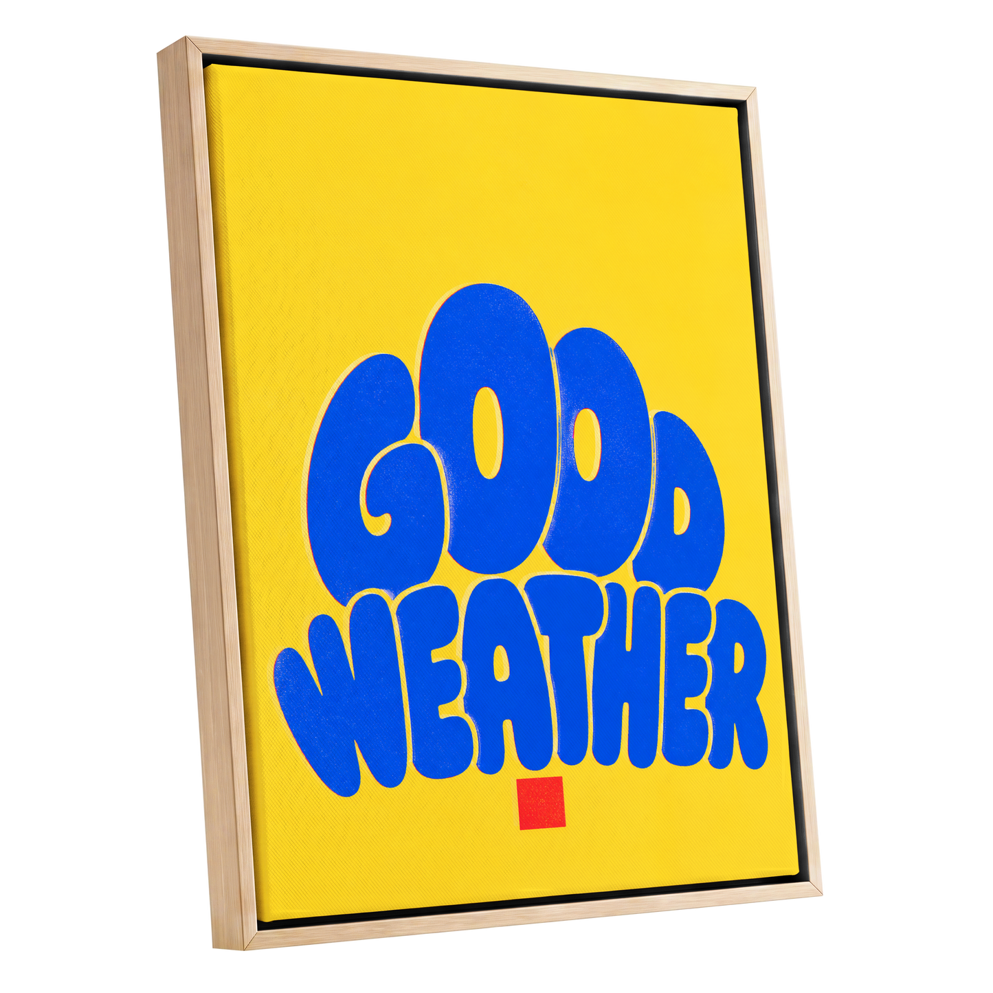Good Weather Glow, blue, yellow, red minimalist wall art shown as a oak framed canvas wall art
