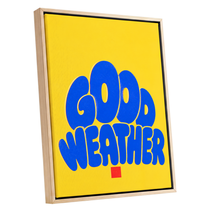 Good Weather Glow, blue, yellow, red minimalist wall art shown as a oak framed canvas wall art