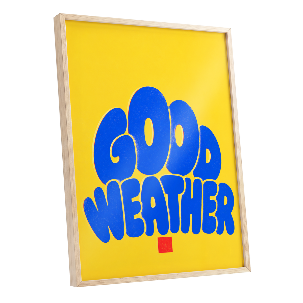 Good Weather Glow, blue, yellow, red minimalist wall art shown as a oak framed poster wall art print