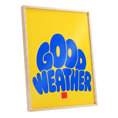 Good Weather Glow, blue, yellow, red minimalist wall art shown as a oak framed poster wall art print
