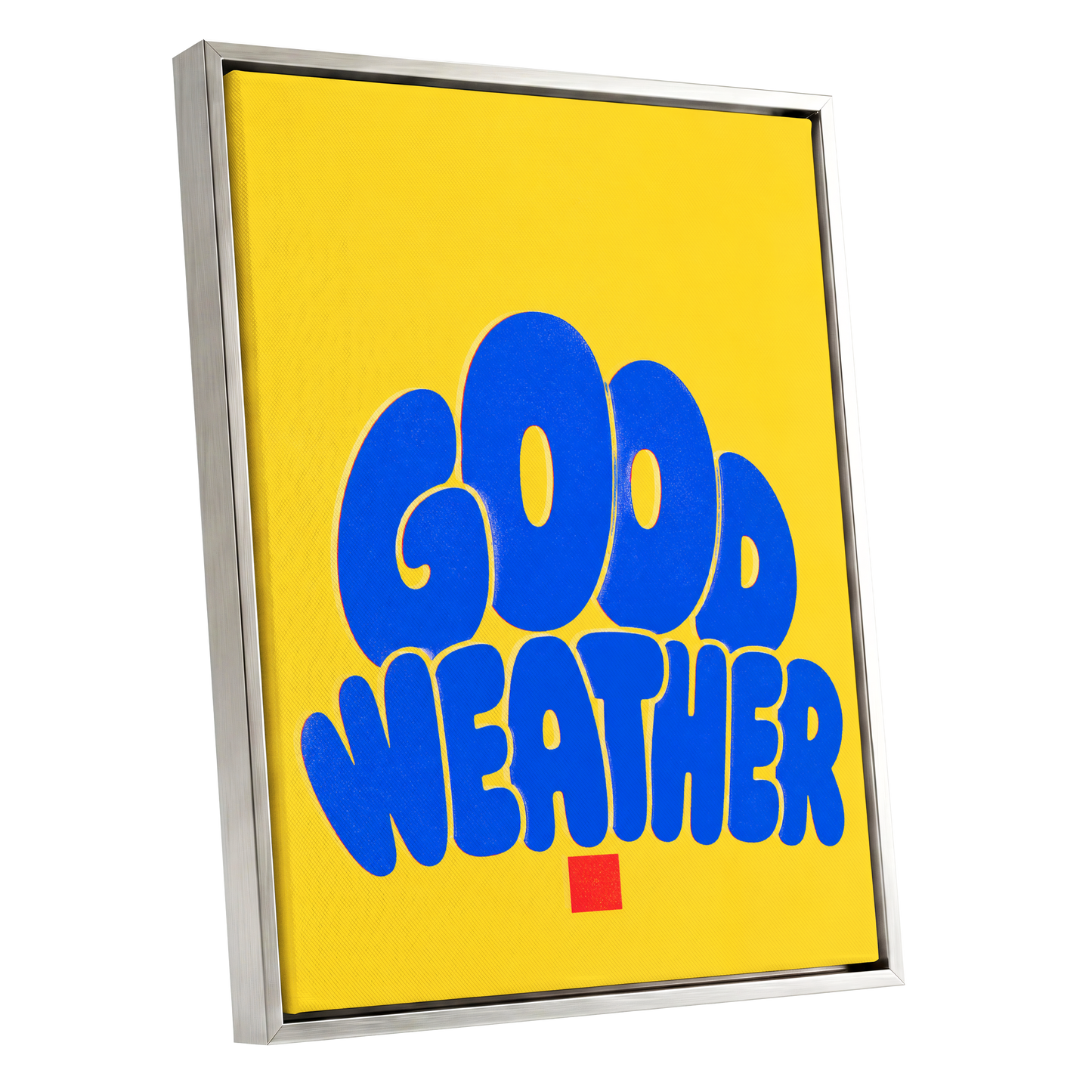 Good Weather Glow, blue, yellow, red minimalist wall art shown as a silver framed canvas wall art