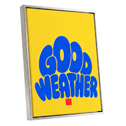 Good Weather Glow, blue, yellow, red minimalist wall art shown as a silver framed canvas wall art