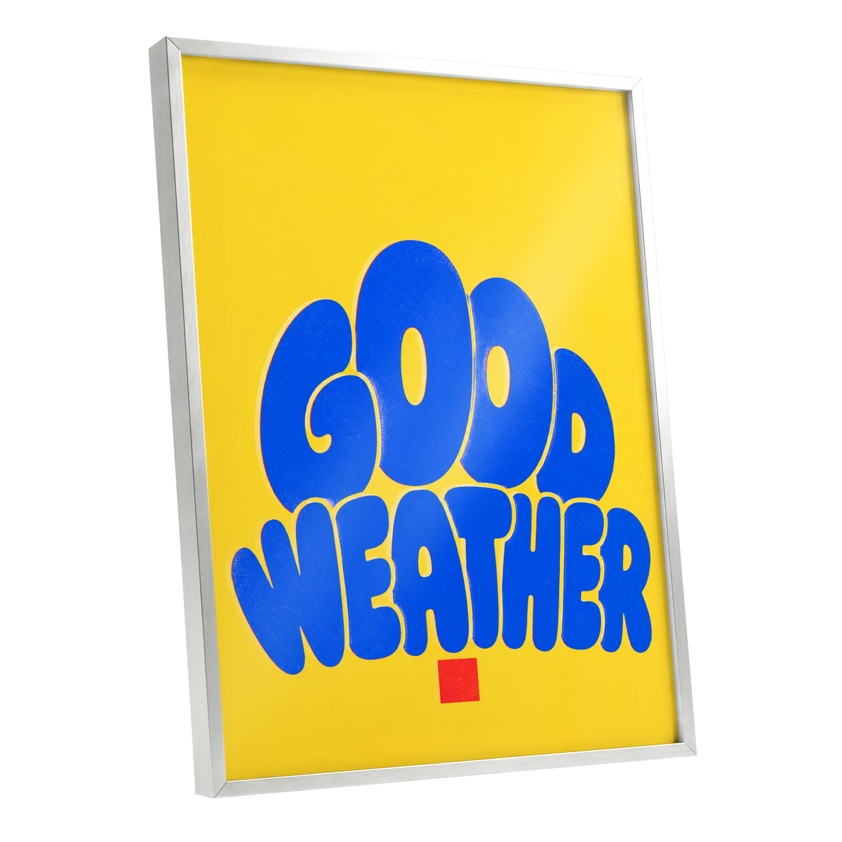 Good Weather Glow, blue, yellow, red minimalist wall art shown as a silver framed poster wall art print
