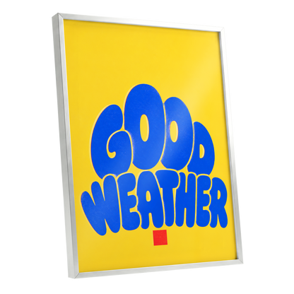 Good Weather Glow, blue, yellow, red minimalist wall art shown as a silver framed poster wall art print