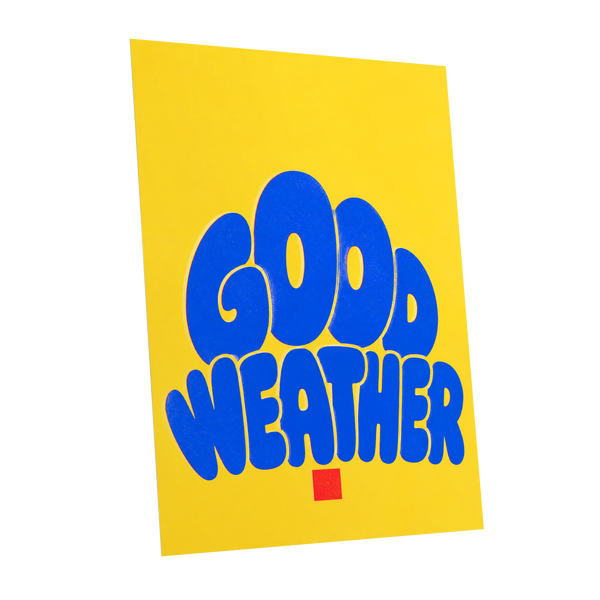 Good Weather Glow, blue, yellow, red minimalist wall art shown as a unframed poster wall art print