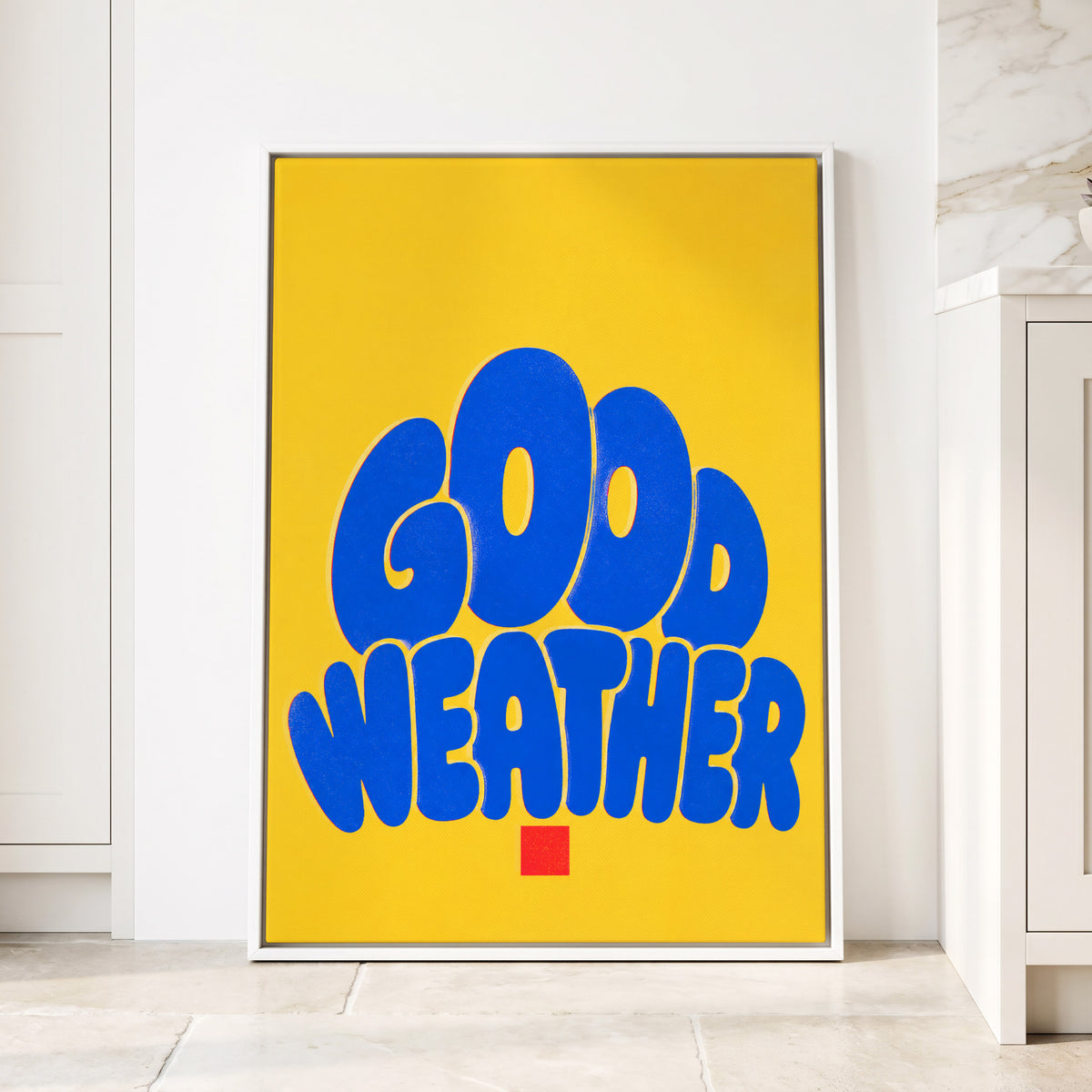 Good Weather Glow, blue, yellow, red minimalist wall art displayed in a styled interior, gallery view 1