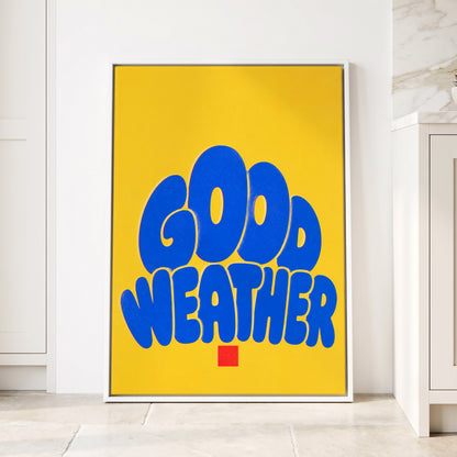 Good Weather Glow, blue, yellow, red minimalist wall art displayed in a styled interior, gallery view 1