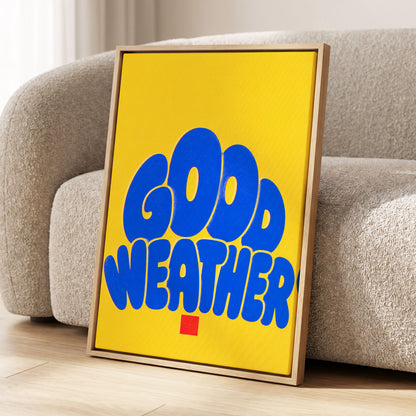 Good Weather Glow, blue, yellow, red minimalist wall art displayed in a styled interior, gallery view 2