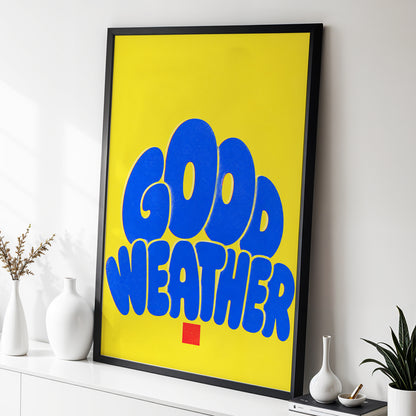 Good Weather Glow, blue, yellow, red minimalist wall art displayed in a styled interior, gallery view 3