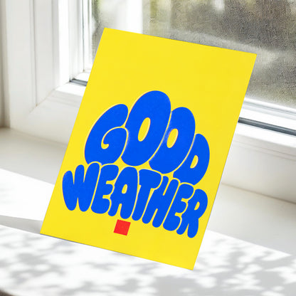 Good Weather Glow, blue, yellow, red minimalist wall art displayed in a styled interior, gallery view 5