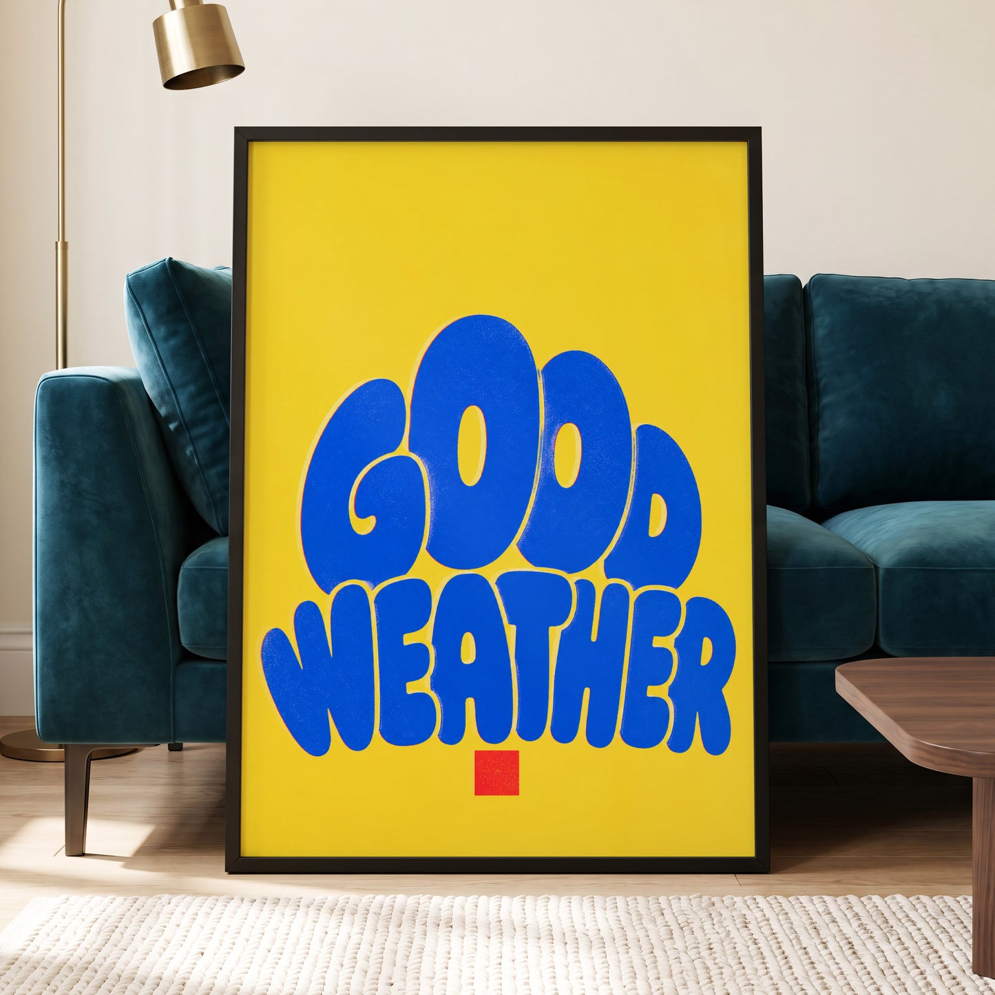 Good Weather Glow, blue, yellow, red minimalist wall art displayed in a styled interior, gallery view 6