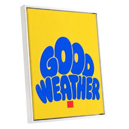 Good Weather Glow, blue, yellow, red minimalist wall art shown as a white framed canvas wall art