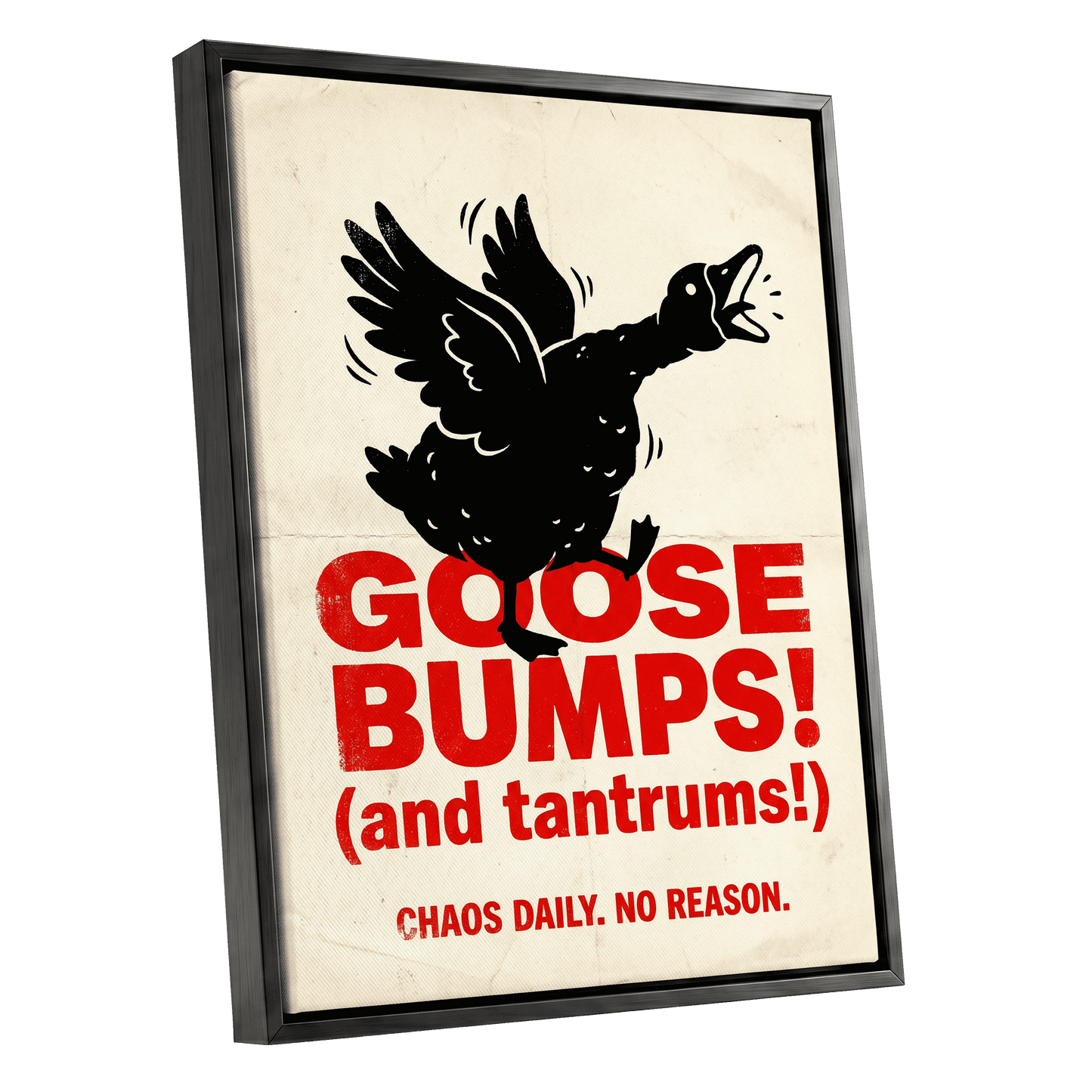 Goose Bumps & Tantrums, black, beige, red nature wall art shown as a black framed canvas wall art