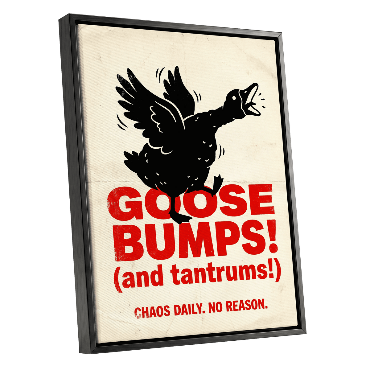 Goose Bumps & Tantrums, black, beige, red nature wall art shown as a black framed canvas wall art