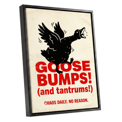 Goose Bumps & Tantrums, black, beige, red nature wall art shown as a black framed canvas wall art