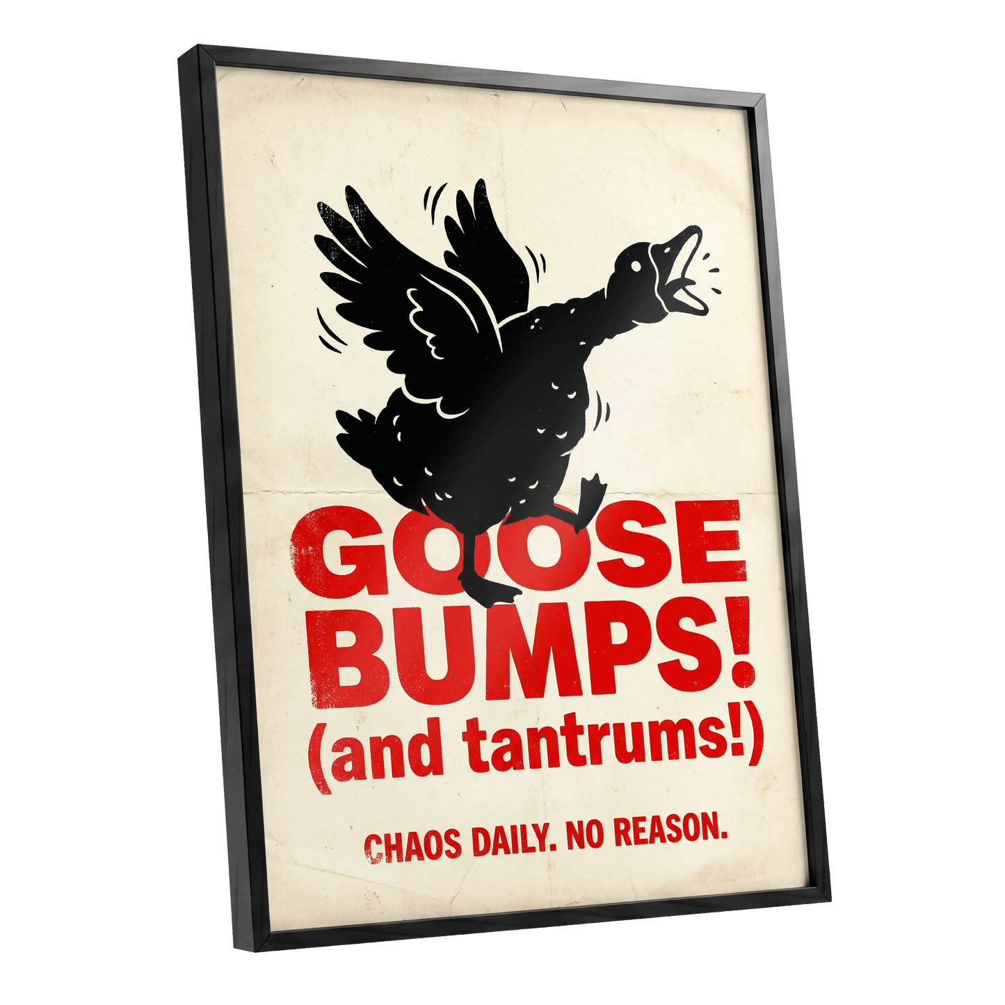 Goose Bumps & Tantrums, black, beige, red nature wall art shown as a black framed poster wall art print