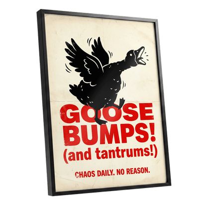 Goose Bumps & Tantrums, black, beige, red nature wall art shown as a black framed poster wall art print