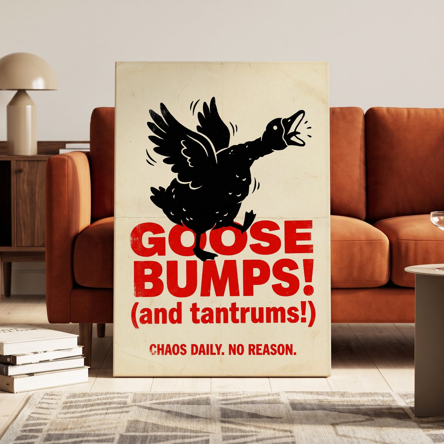 Goose Bumps & Tantrums, black, beige, red nature wall art on canvas displayed in a styled interior, gallery view 1