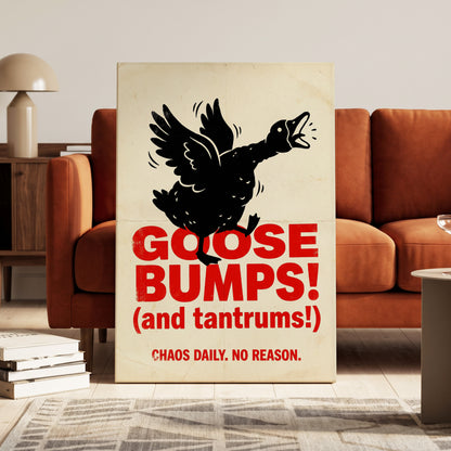 Goose Bumps & Tantrums, black, beige, red nature wall art on canvas displayed in a styled interior, gallery view 1