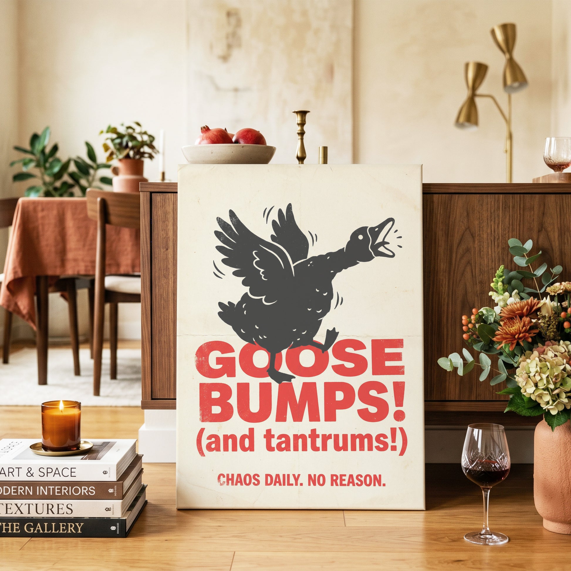 Goose Bumps & Tantrums, black, beige, red nature wall art on canvas displayed in a styled interior, gallery view 2