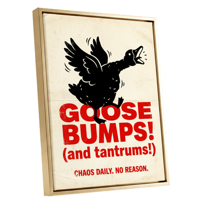Goose Bumps & Tantrums, black, beige, red nature wall art shown as a gold framed canvas wall art