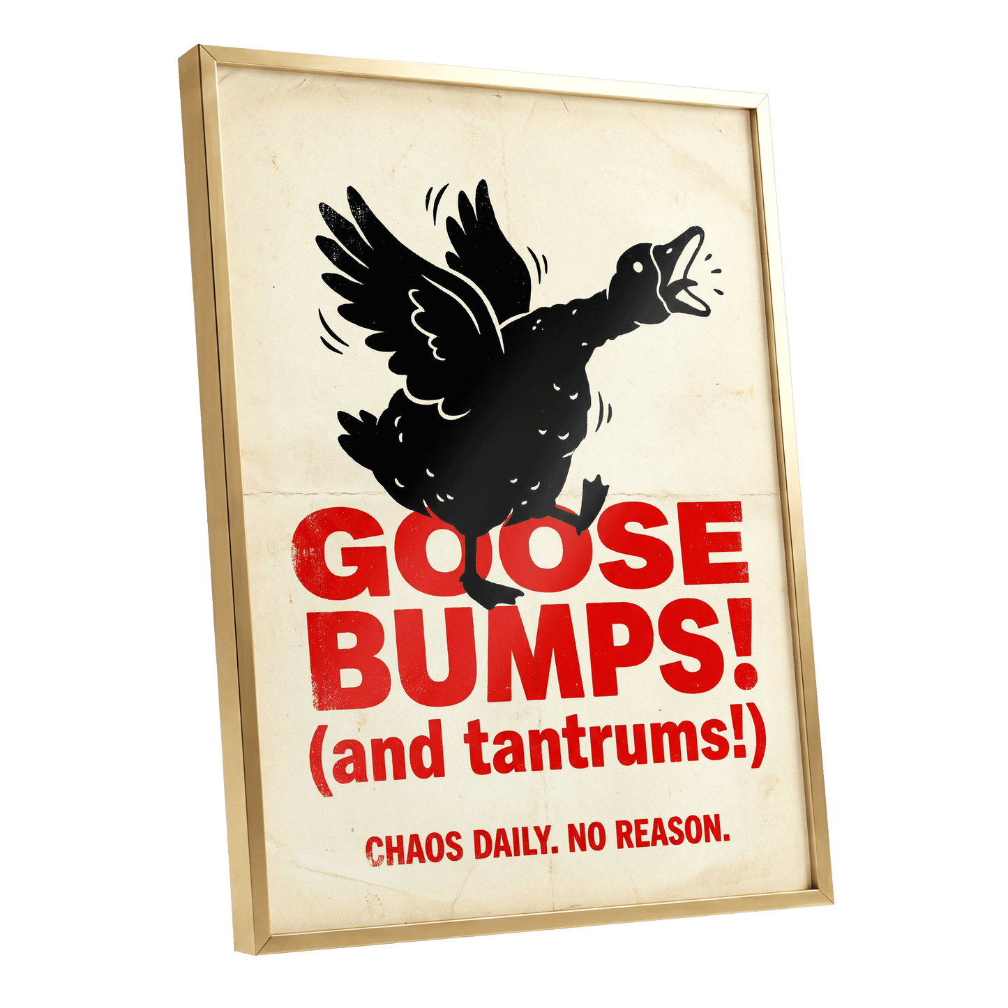 Goose Bumps & Tantrums, black, beige, red nature wall art shown as a gold framed poster wall art print