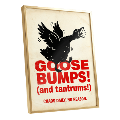 Goose Bumps & Tantrums, black, beige, red nature wall art shown as a gold framed poster wall art print