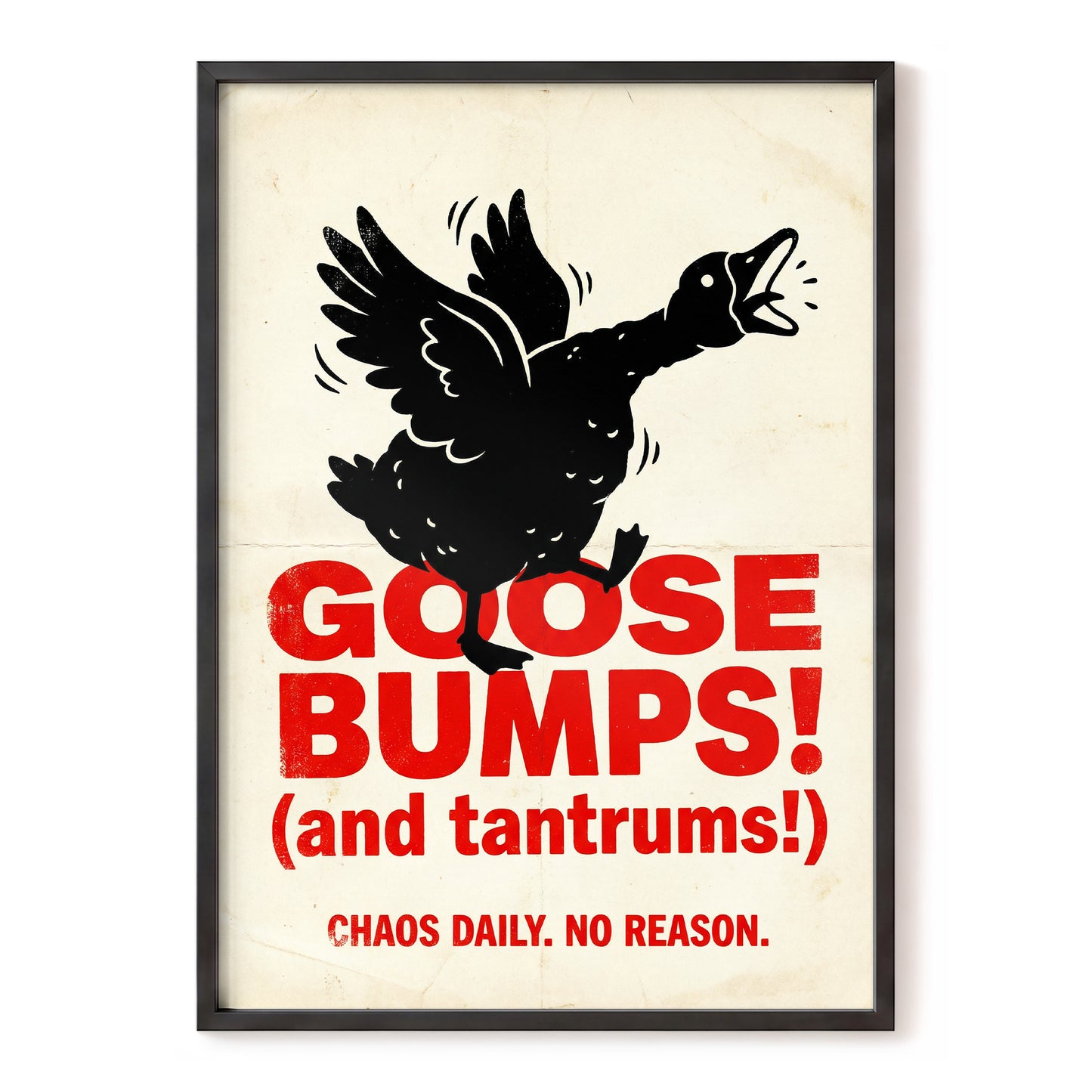 Goose Bumps & Tantrums, black, beige, red nature wall art, front artwork view