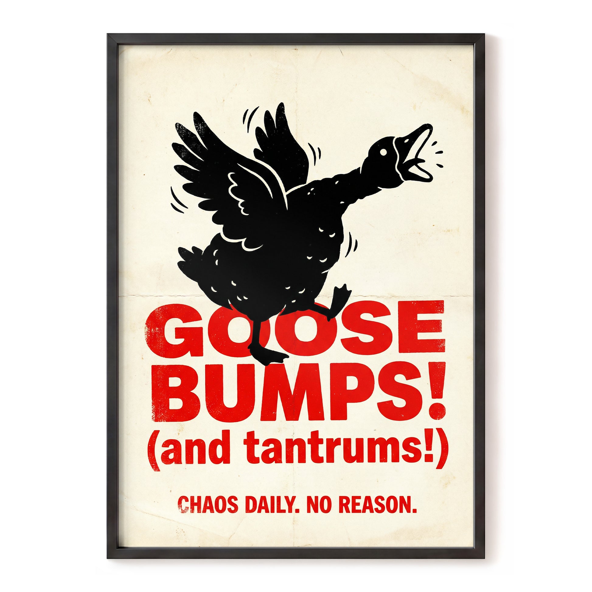 Goose Bumps & Tantrums, black, beige, red nature wall art, front artwork view