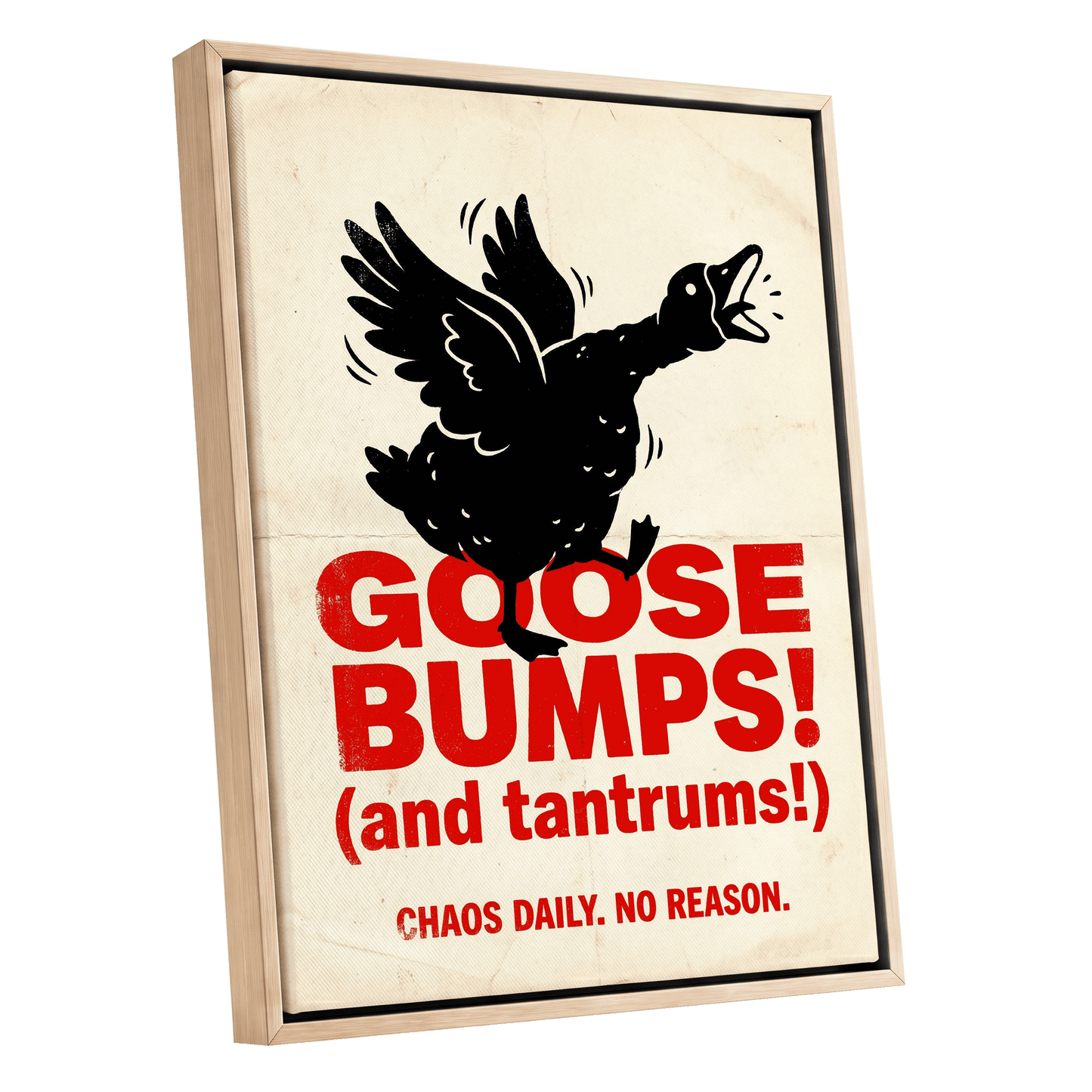 Goose Bumps & Tantrums, black, beige, red nature wall art shown as a oak framed canvas wall art