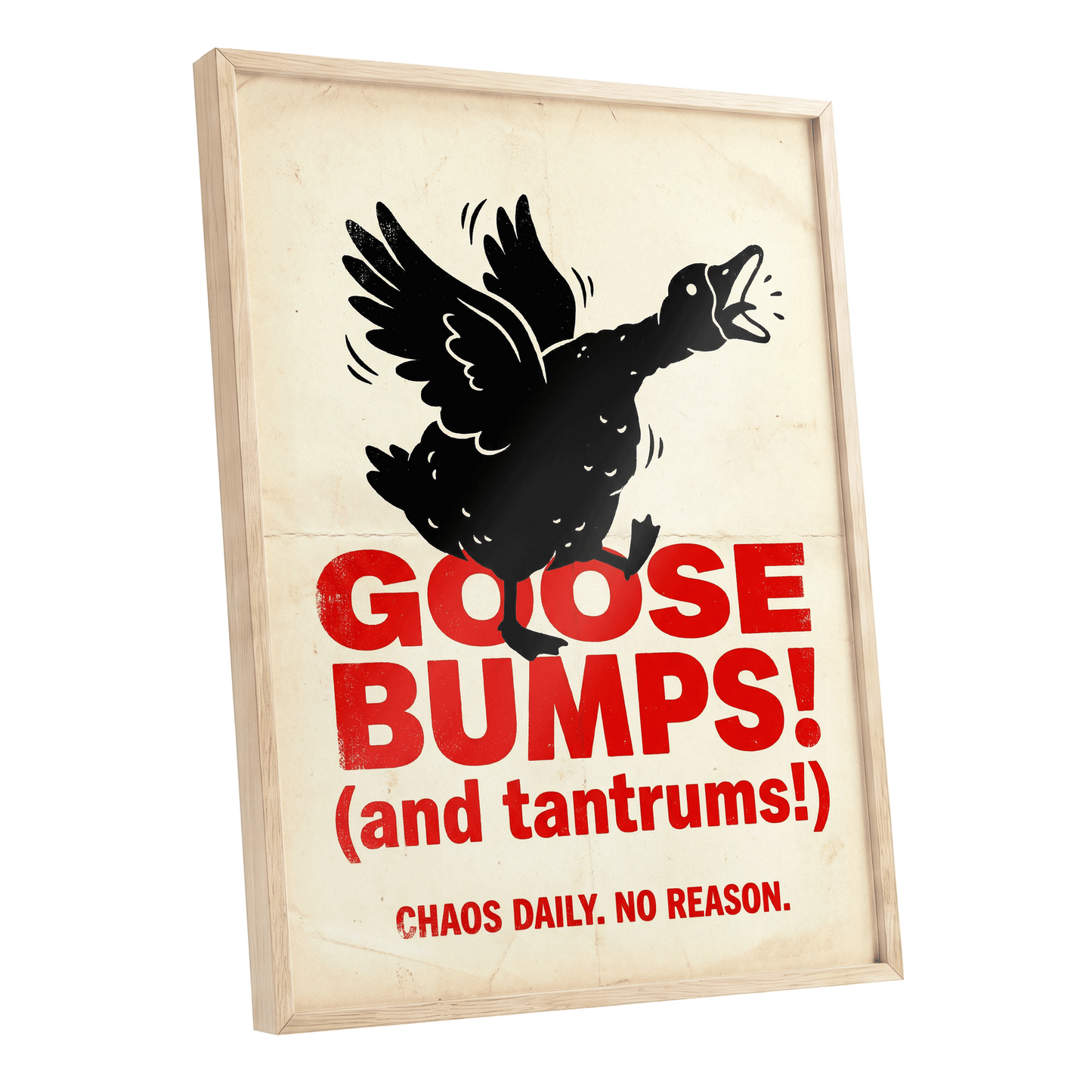 Goose Bumps & Tantrums, black, beige, red nature wall art shown as a oak framed poster wall art print