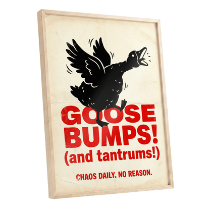 Goose Bumps & Tantrums, black, beige, red nature wall art shown as a oak framed poster wall art print