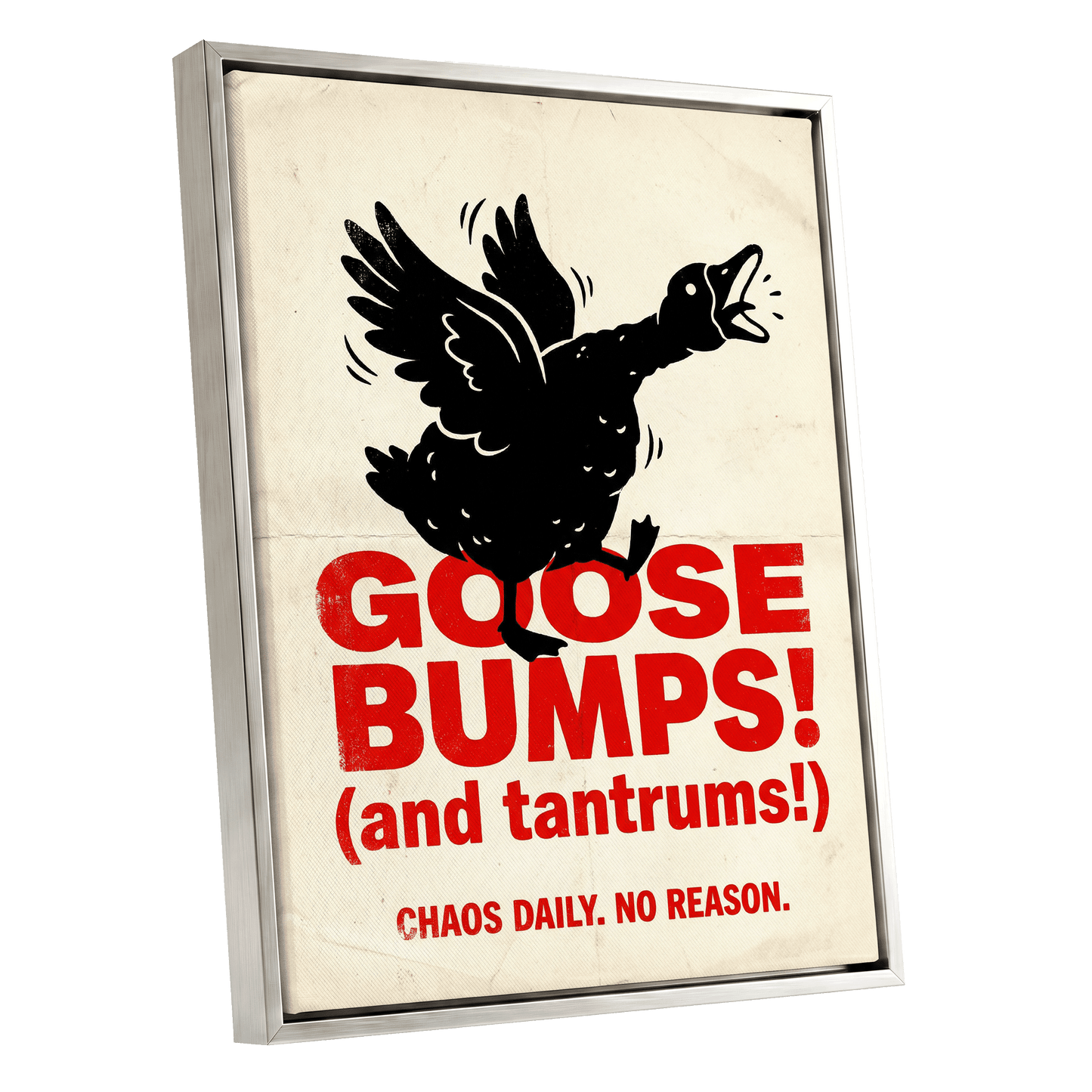 Goose Bumps & Tantrums, black, beige, red nature wall art shown as a silver framed canvas wall art