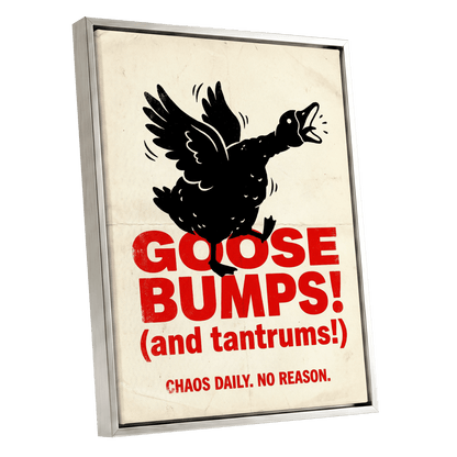 Goose Bumps & Tantrums, black, beige, red nature wall art shown as a silver framed canvas wall art