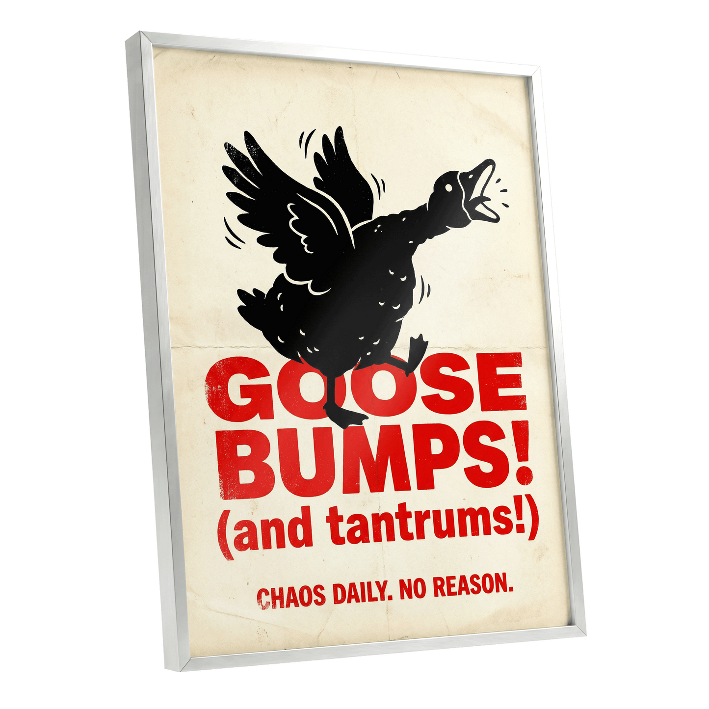 Goose Bumps & Tantrums, black, beige, red nature wall art shown as a silver framed poster wall art print