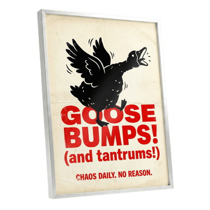 Goose Bumps & Tantrums, black, beige, red nature wall art shown as a silver framed poster wall art print