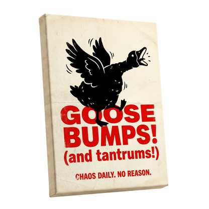 Goose Bumps & Tantrums, black, beige, red nature wall art shown as a stretched canvas wall art