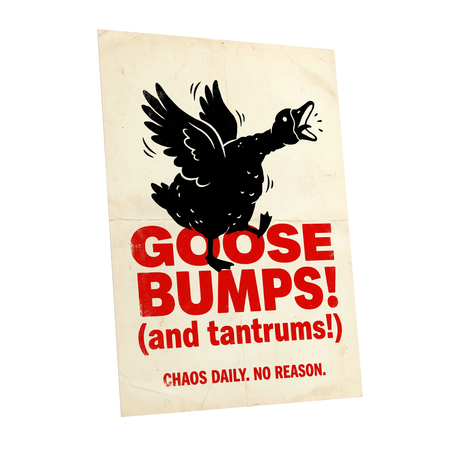 Goose Bumps & Tantrums, black, beige, red nature wall art shown as a unframed poster wall art print