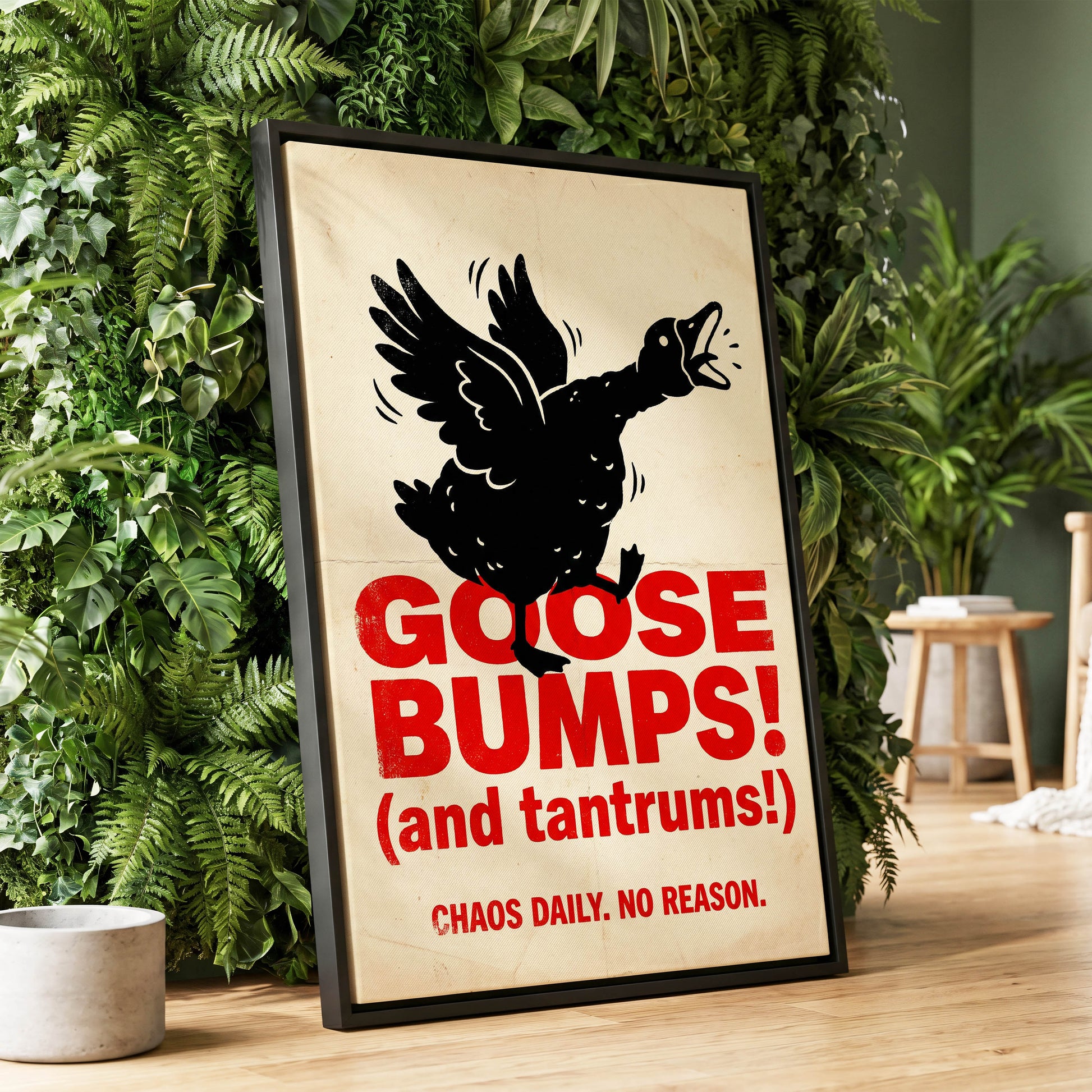 Goose Bumps & Tantrums, black, beige, red nature wall art displayed in a styled interior, gallery view 1