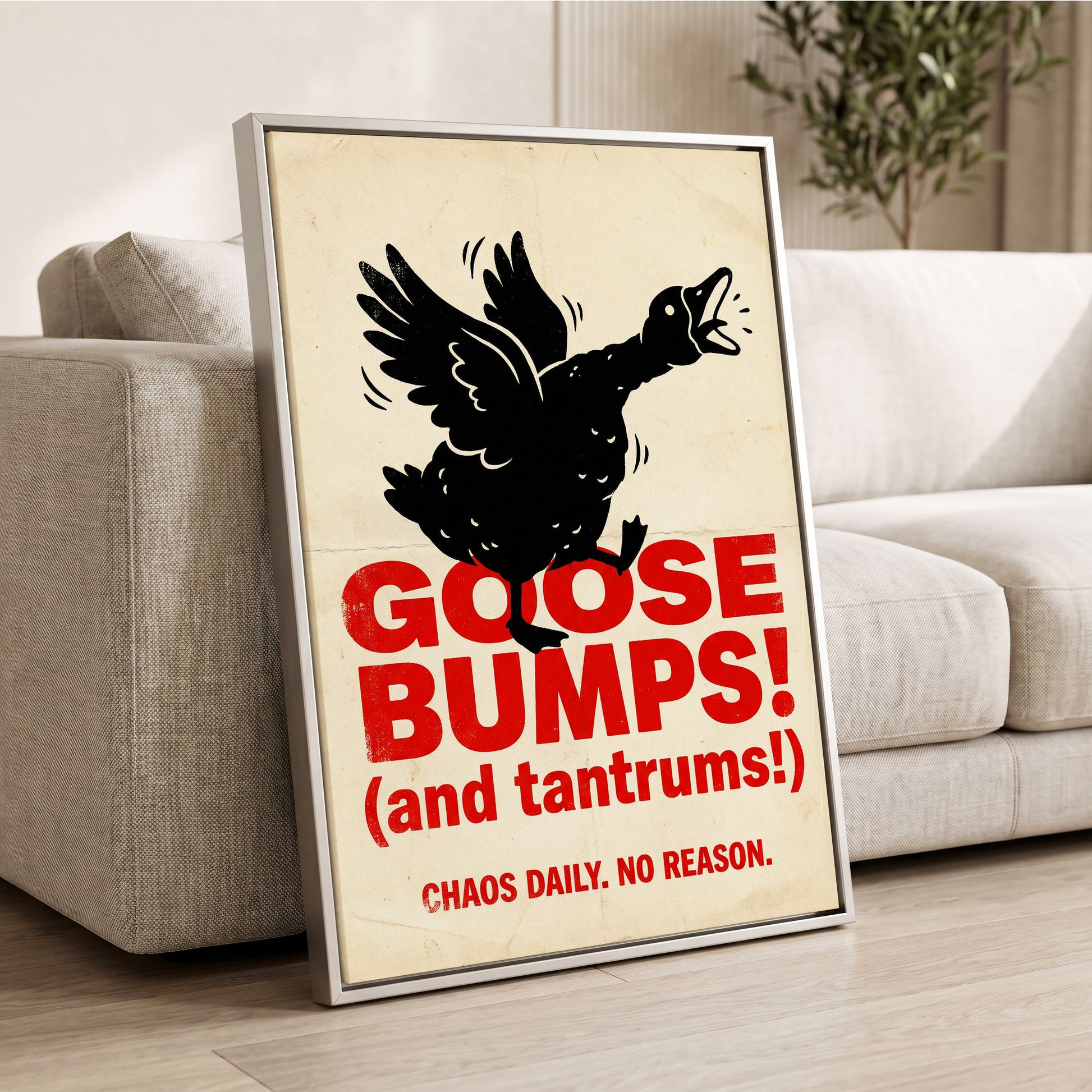 Goose Bumps & Tantrums, black, beige, red nature wall art displayed in a styled interior, gallery view 2
