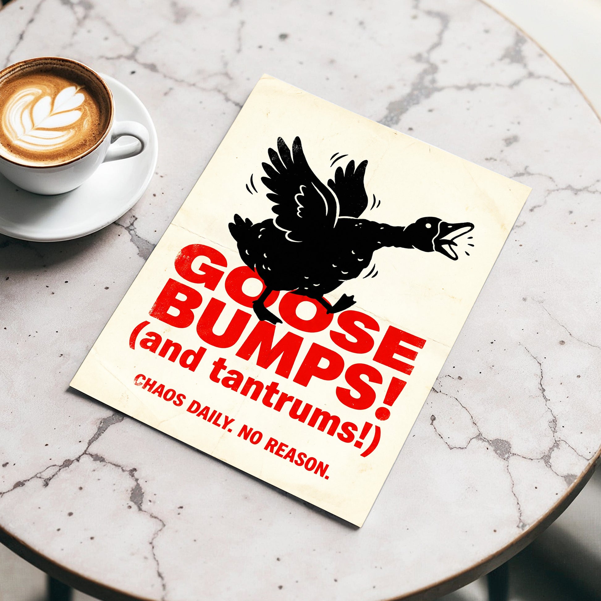 Goose Bumps & Tantrums, black, beige, red nature wall art displayed in a styled interior, gallery view 3
