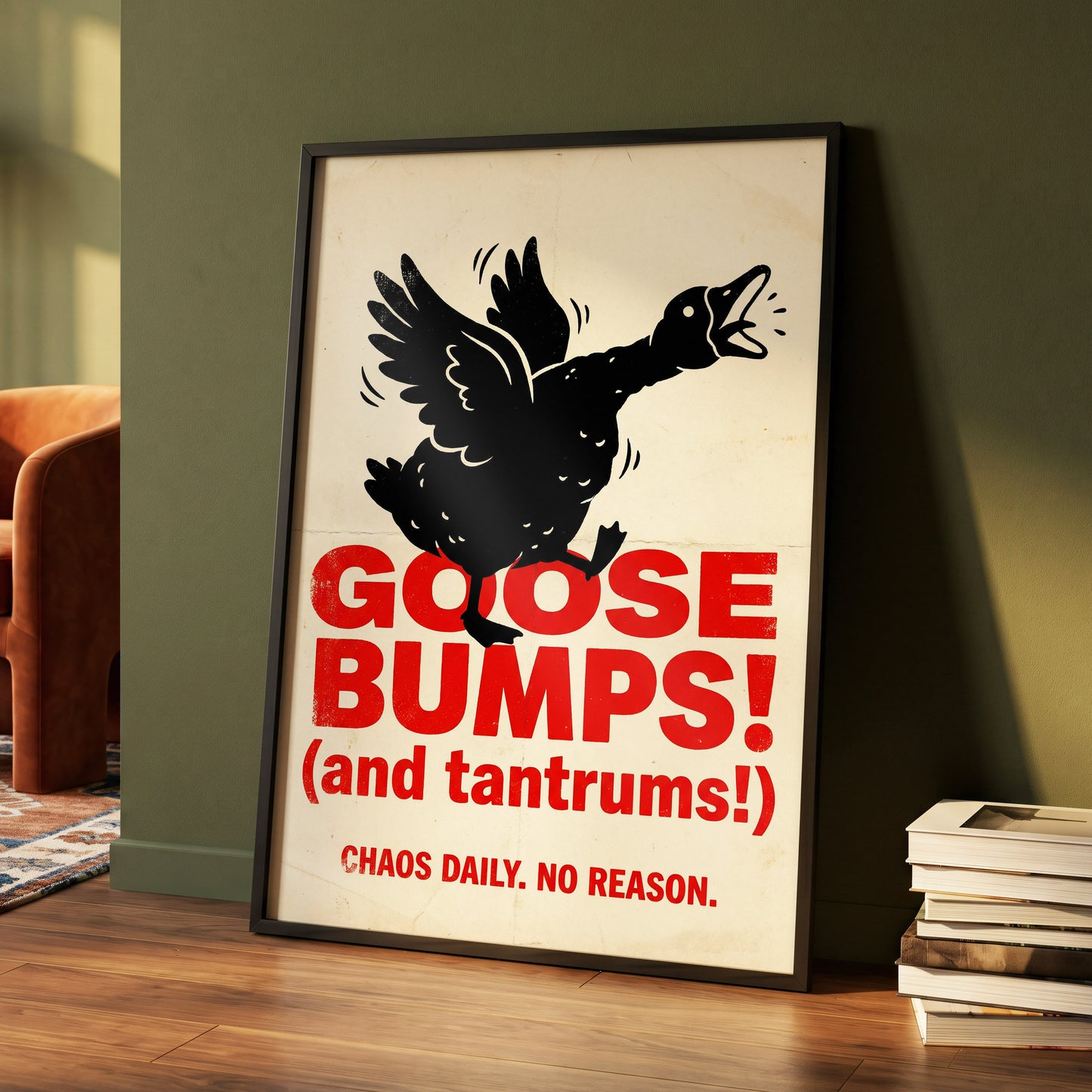 Goose Bumps & Tantrums, black, beige, red nature wall art displayed in a styled interior, gallery view 4