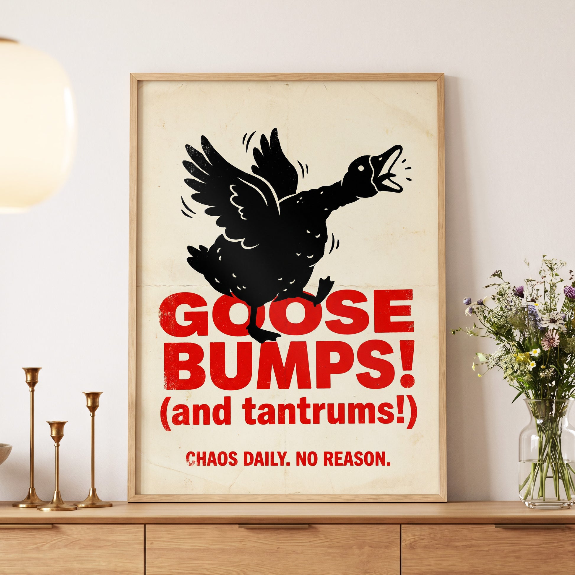 Goose Bumps & Tantrums, black, beige, red nature wall art displayed in a styled interior, gallery view 5