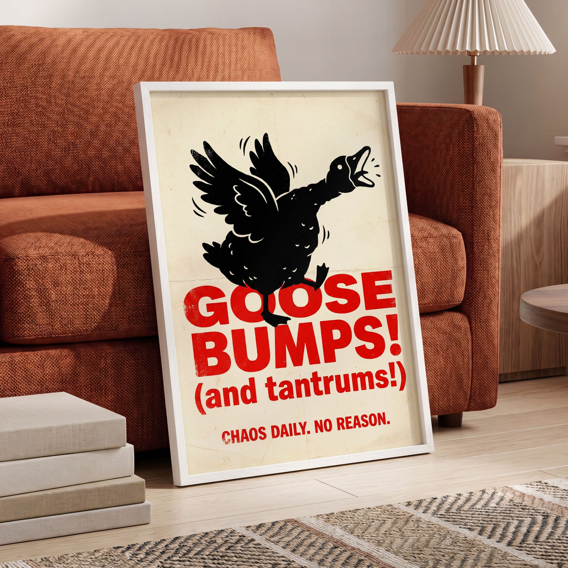 Goose Bumps & Tantrums, black, beige, red nature wall art displayed in a styled interior, gallery view 6