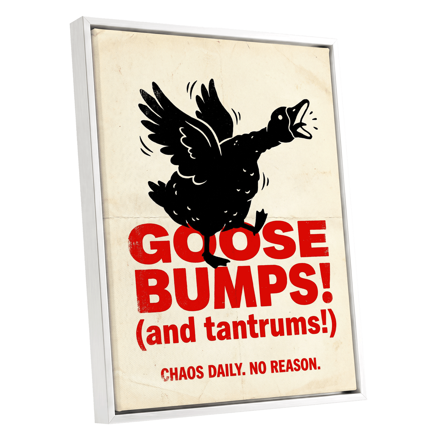 Goose Bumps & Tantrums, black, beige, red nature wall art shown as a white framed canvas wall art