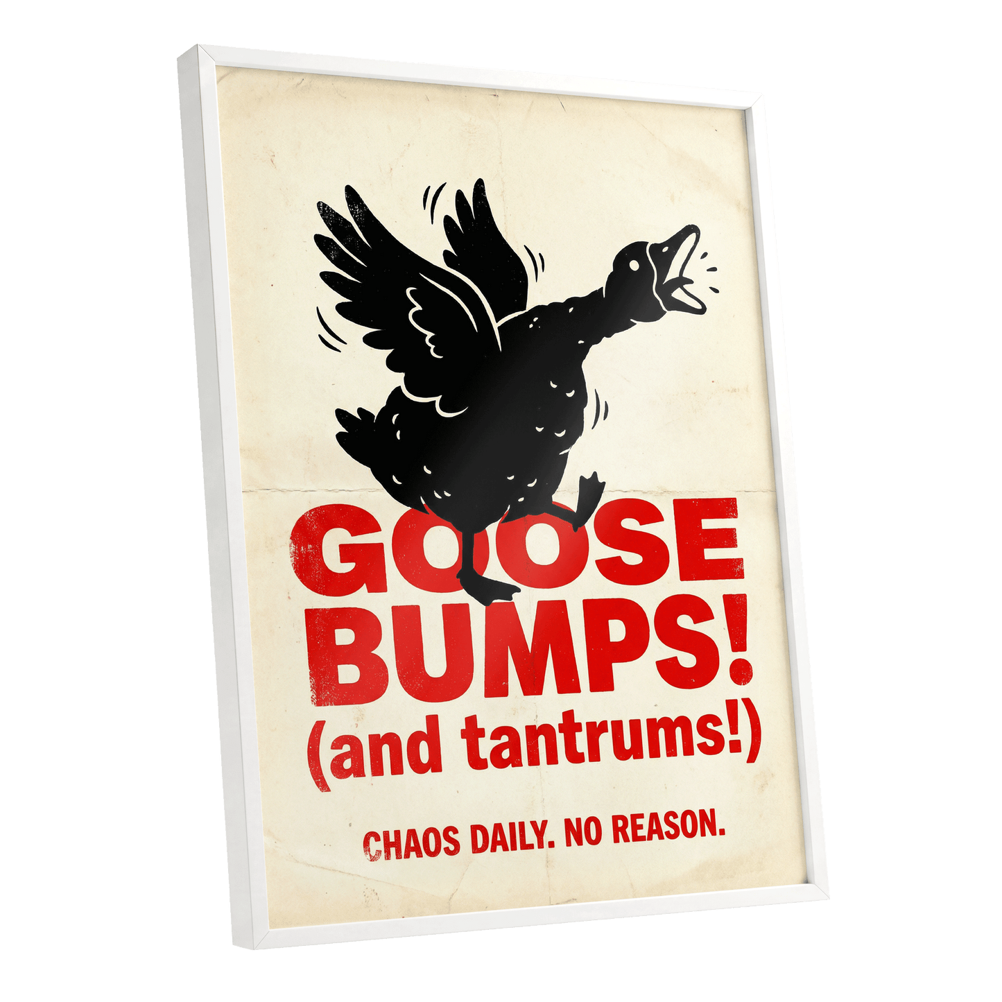 Goose Bumps & Tantrums, black, beige, red nature wall art shown as a white framed poster wall art print