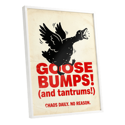 Goose Bumps & Tantrums, black, beige, red nature wall art shown as a white framed poster wall art print