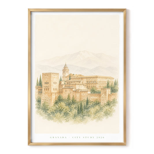 Granada Citadel, beige, brown, green minimalist wall art, front artwork view
